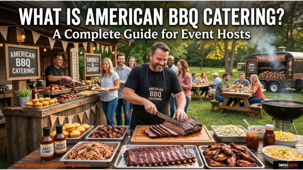 American BBQ catering setup with smoked brisket, ribs, pulled pork, and live serving at an outdoor event