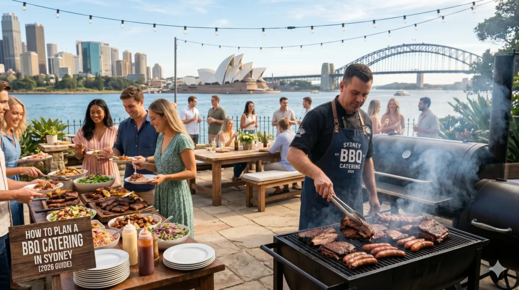 Outdoor BBQ catering event in Sydney with chef grilling food and guests near Sydney Opera House and Harbour Bridge