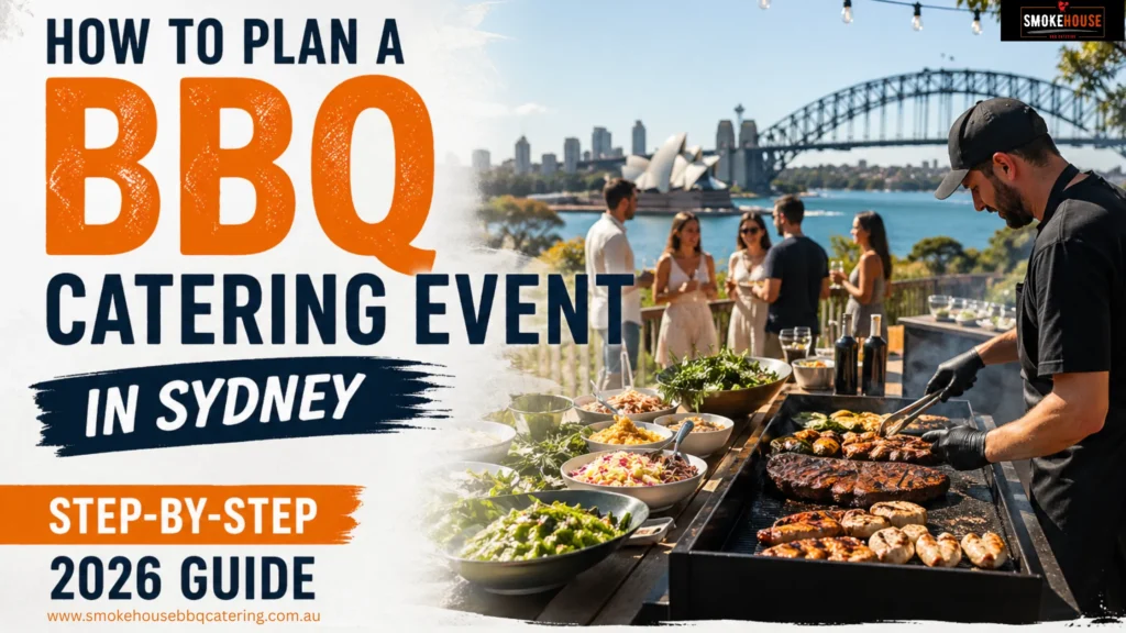 BBQ catering event setup in Sydney with outdoor grill, guests, and Sydney Harbour background