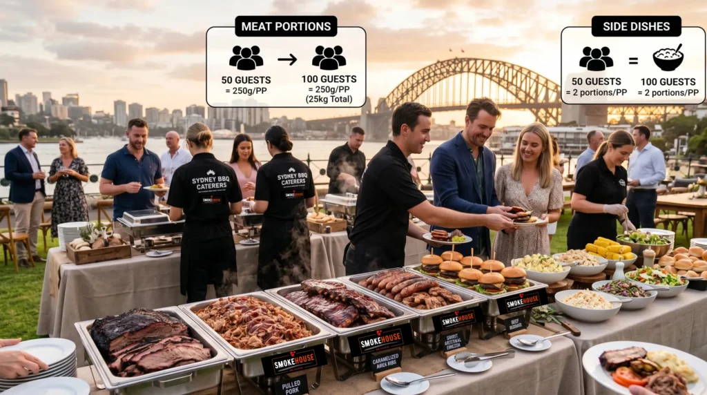 How much BBQ per person guide showing Sydney BBQ catering meat portions, side dishes, and serving quantities for events