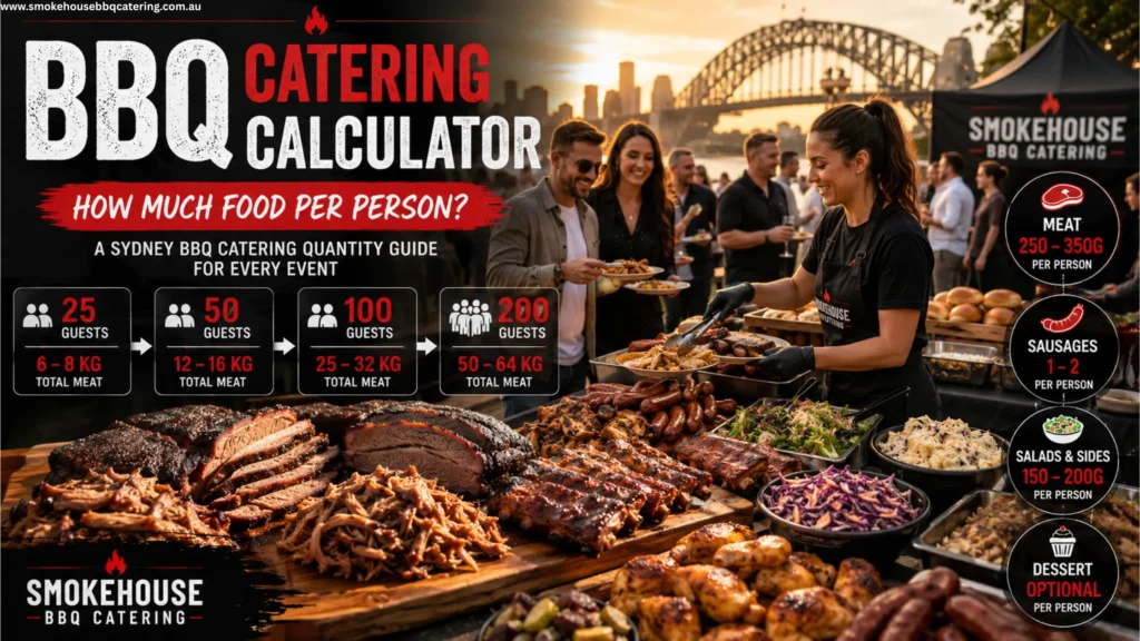 BBQ catering calculator infographic showing smoked brisket, pulled pork, ribs, sausages, salads, and side dishes at a Sydney outdoor event with quantity guide for 25, 50, 100, and 200 guests near Sydney Harbour Bridge.