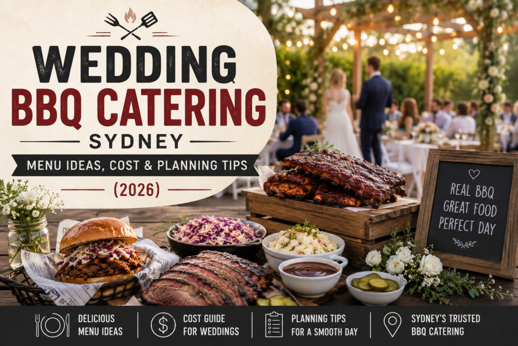Wedding BBQ catering setup in Sydney featuring smoked ribs, brisket, burgers, and outdoor wedding reception