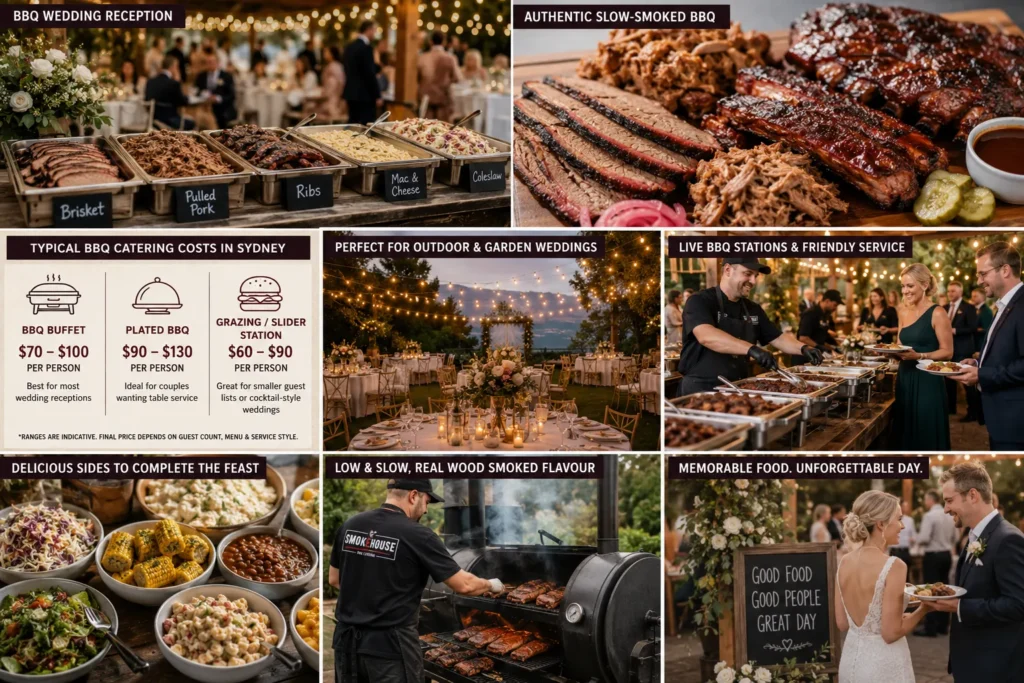 Wedding BBQ catering in Sydney showcasing smoked brisket, ribs, buffet menu, live BBQ station, outdoor wedding reception, and catering cost guide