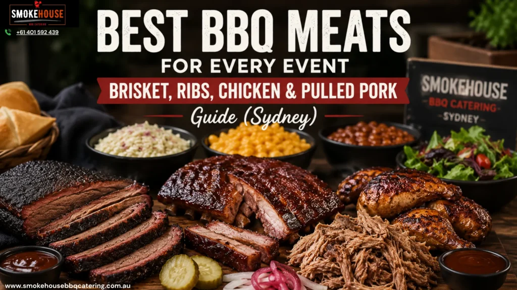 Best BBQ meats including smoked brisket, pork ribs, BBQ chicken, and pulled pork served on a BBQ catering menu for events in Sydney