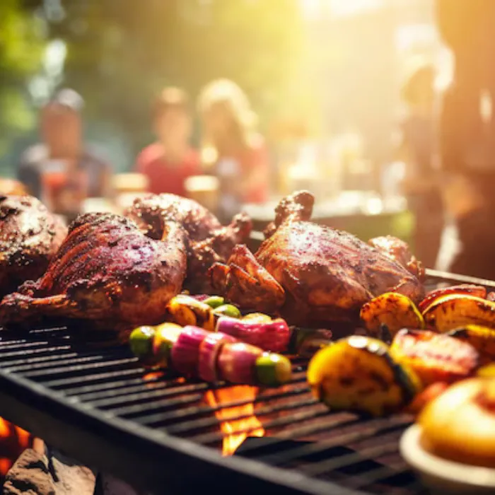 BBQ grilled chicken, smoked meats and grilled vegetables