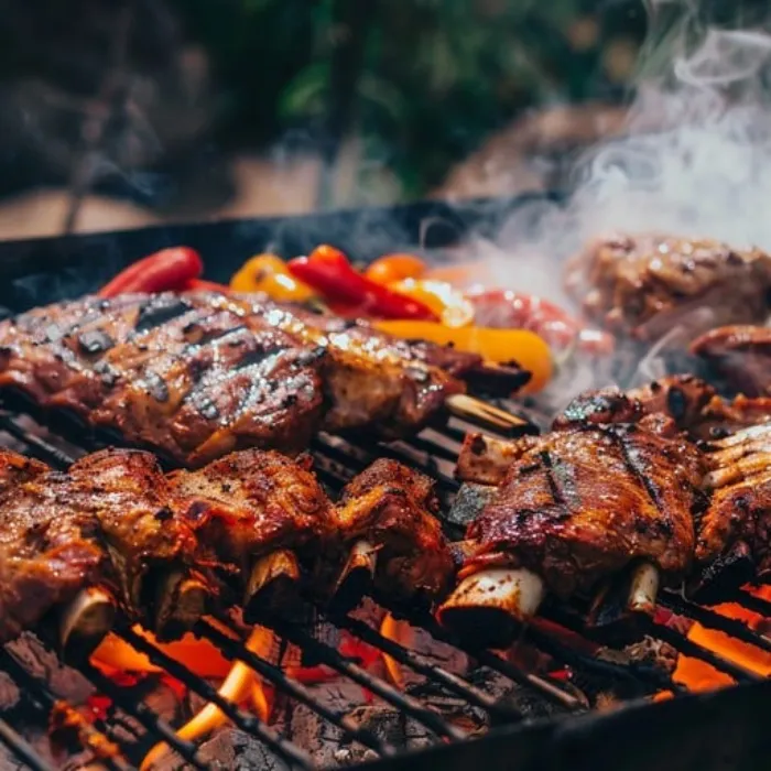 Smoked BBQ ribs and grilled meat over an open flame