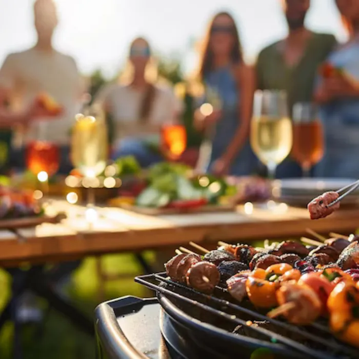 BBQ meat skewers grilling at an outdoor gathering