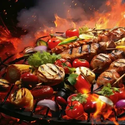 Grilled BBQ meat skewers and vegetables over an open flame