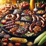 BBQ grilled meats, sausages, ribs and fresh vegetables