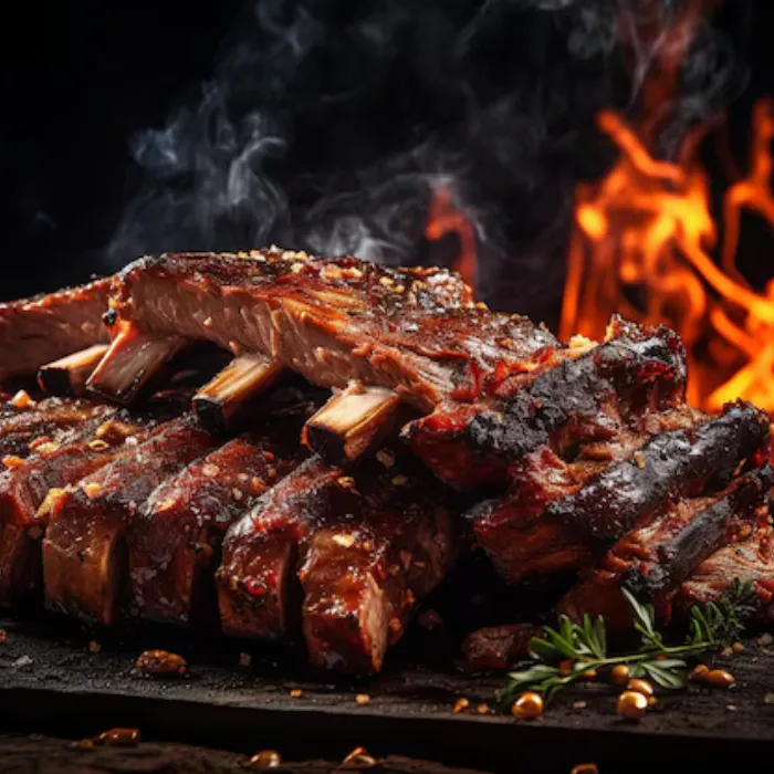 Slow-smoked BBQ ribs with a rich smoky bark over an open flame