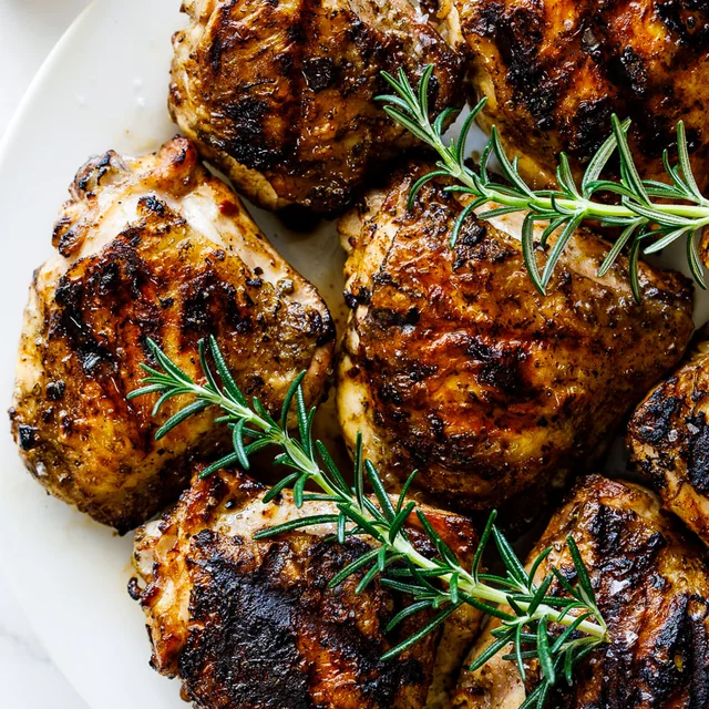 Grilled pepper chicken thighs with rosemary and smoky char