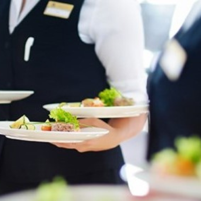 Professional catering staff serving plated food at an event