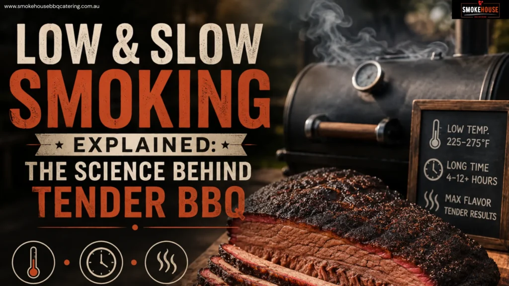 Low and slow smoking BBQ with tender smoked brisket and offset smoker