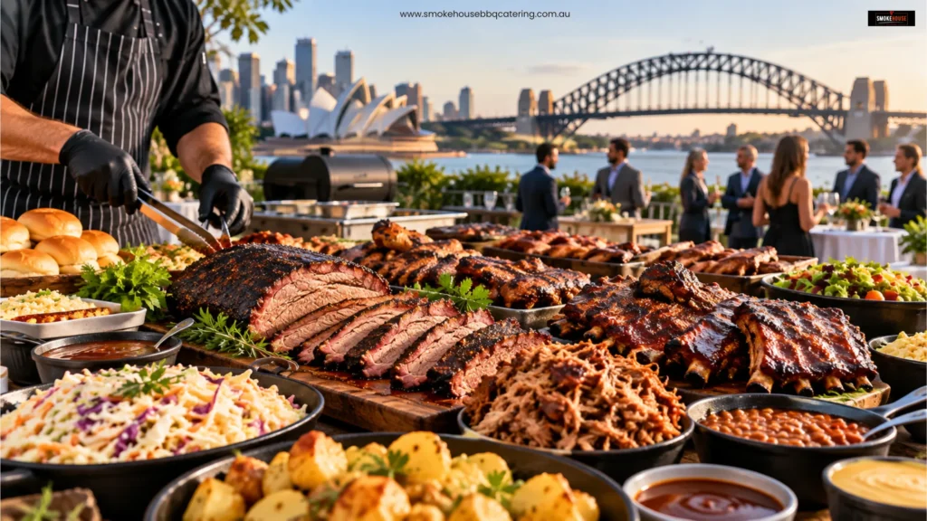 BBQ catering package with smoked meats and sides at a Sydney event