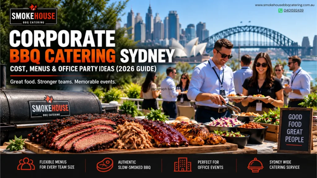 Corporate BBQ catering in Sydney with smoked meats, office guests and Sydney Harbour views